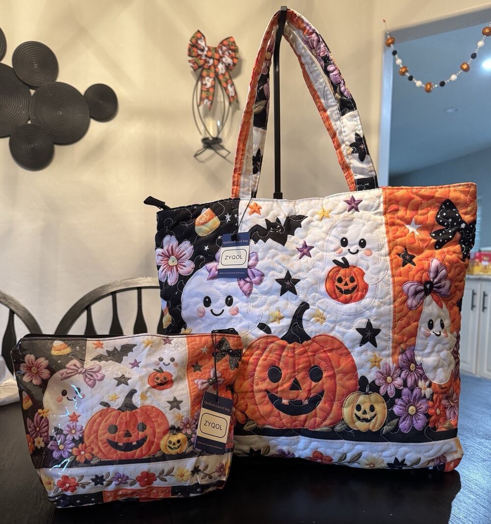 NWT Zyqol Halloween Quilted Travel Bag Set Tote Bag Cosmetic Case